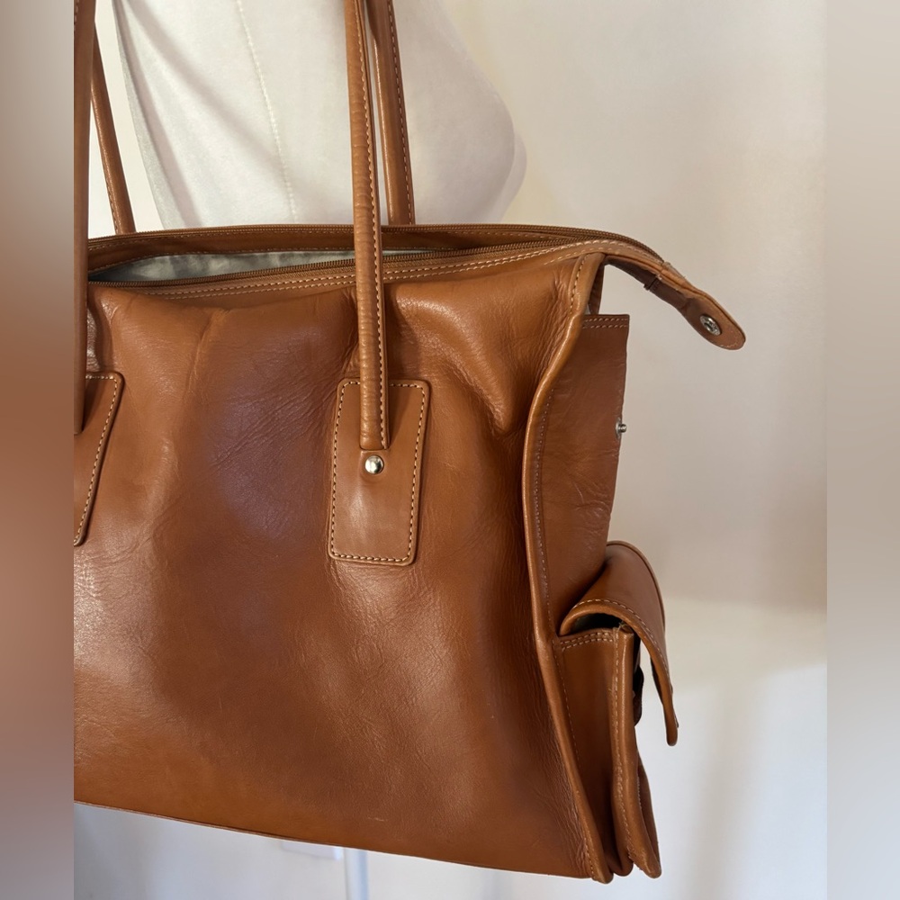 J. Crew Large Brown Leather Tote Bag Exterior Pockets Tan - Picture 7 of 14